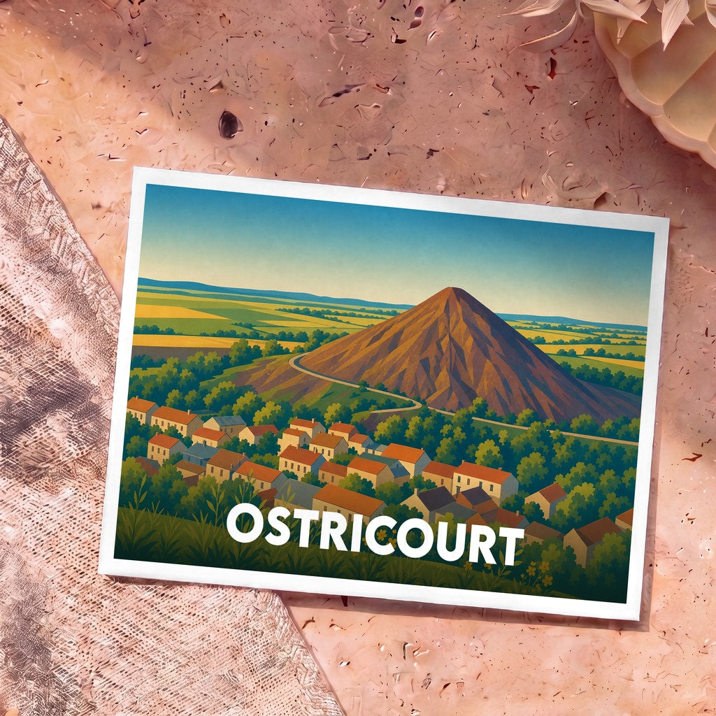 Carte postale souvenir de la ville d'Ostricourt illustrant un terril surplombant le village dans un style graphique épuré.
