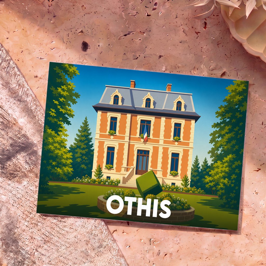 Carte postale souvenir de la ville d'Othis illustrant sa mairie dans un style graphique et coloré.