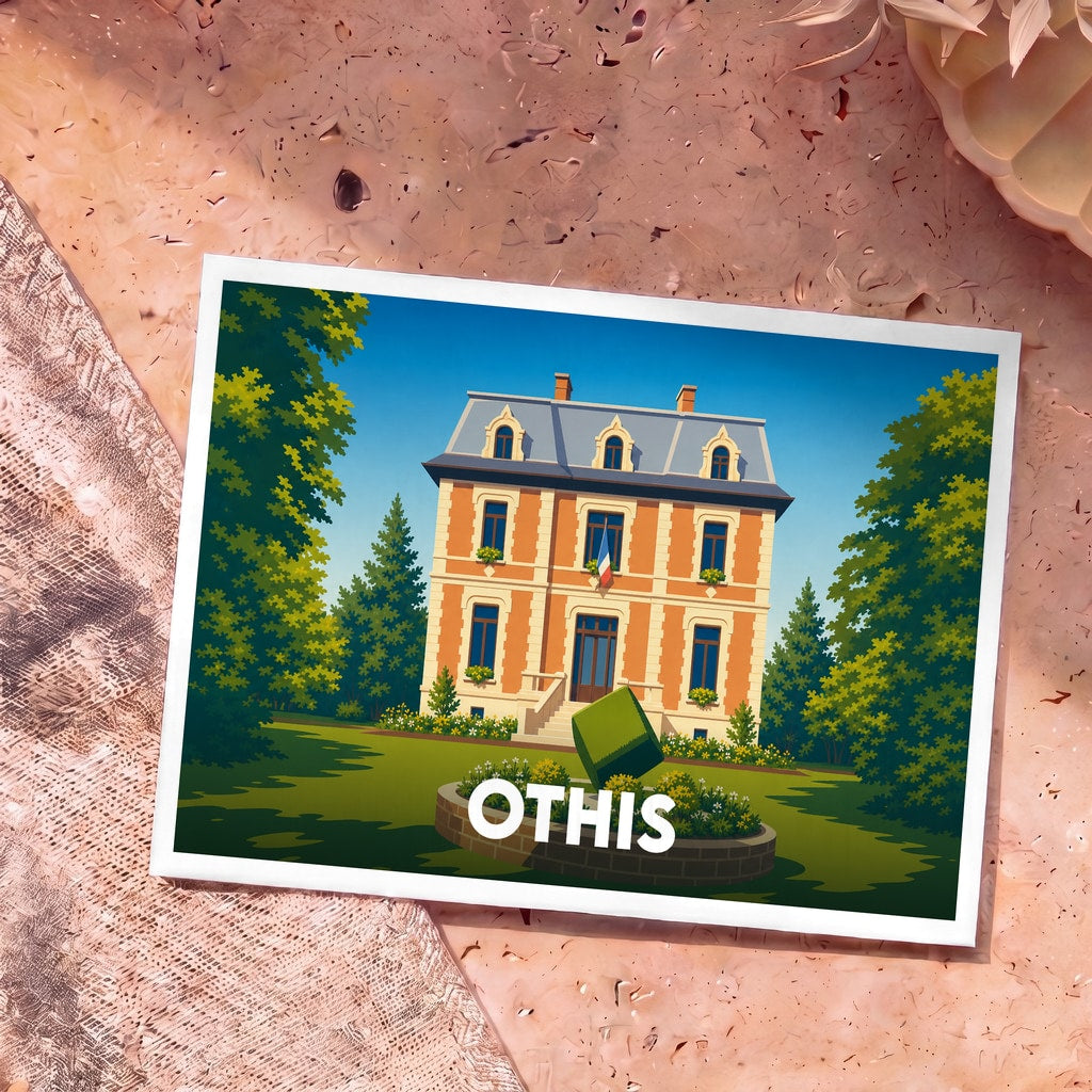 Carte postale souvenir de la ville d'Othis illustrant sa mairie dans un style graphique et coloré.