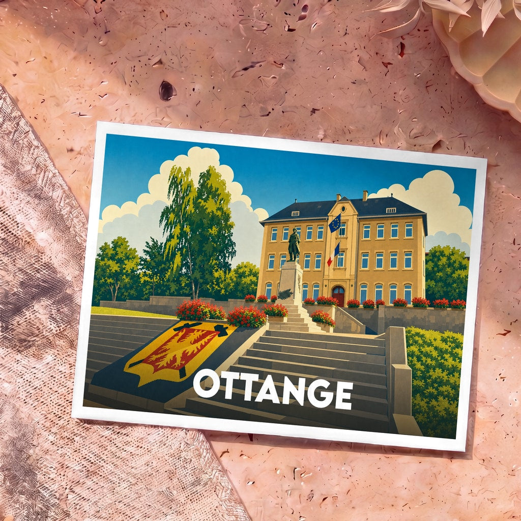 Carte postale souvenir de la ville d'Ottange illustrant son hôtel de ville et son monument aux morts dans un style rétro.