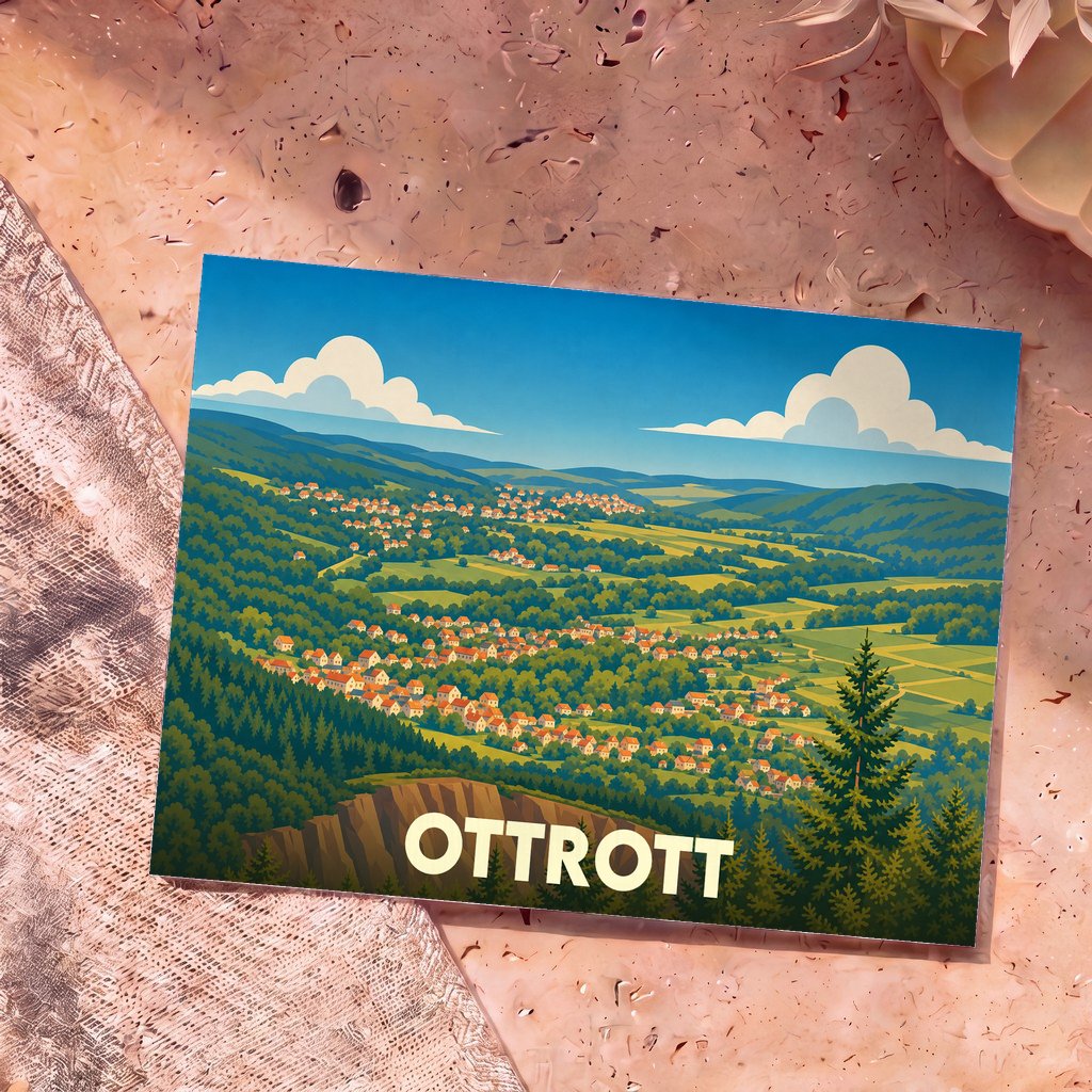 Carte postale souvenir de la ville d'Ottrott présentant une illustration stylisée d'un paysage vallonné et verdoyant.