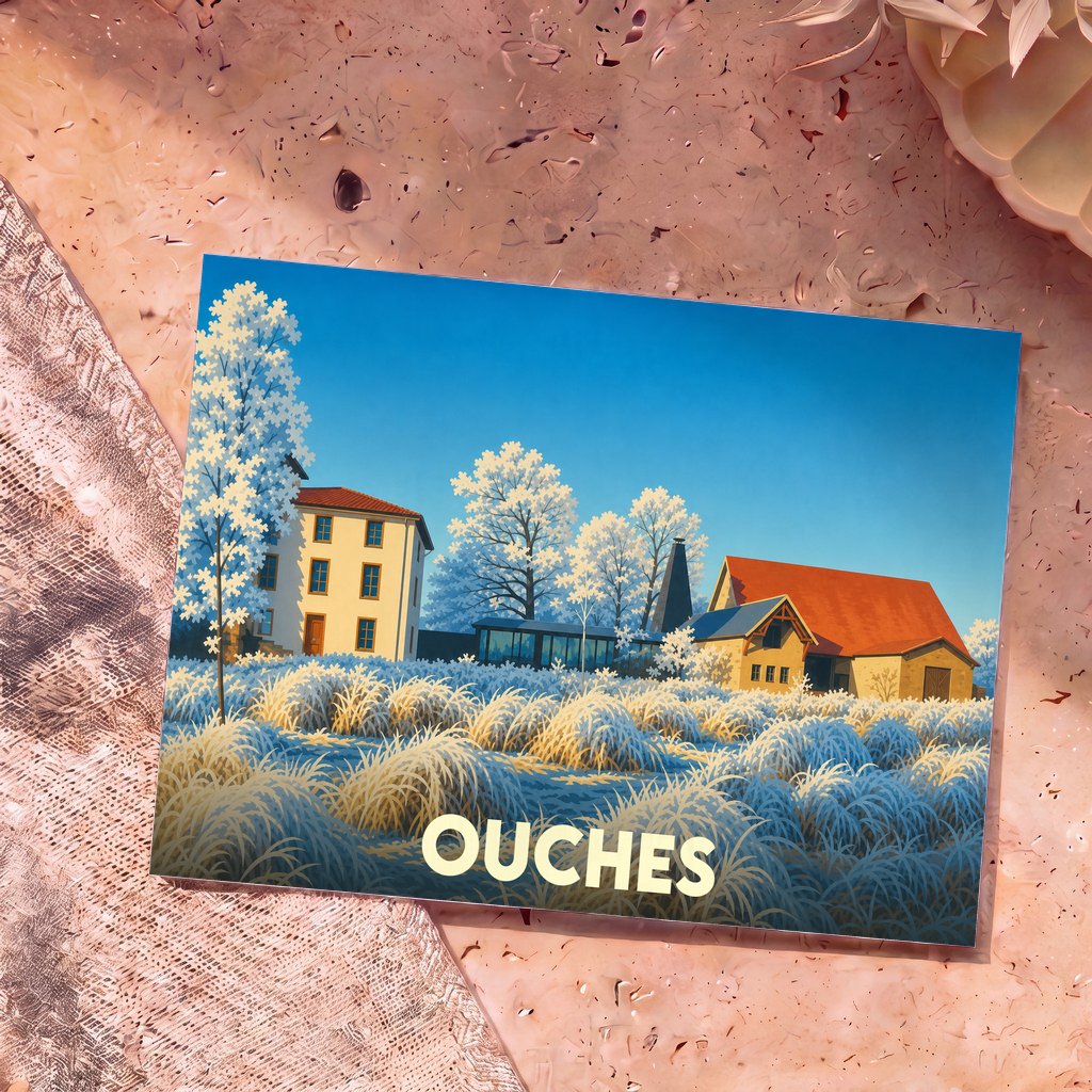 Carte postale souvenir de la ville de Ouches avec une illustration stylisée de bâtiments ruraux sous un paysage enneigé.