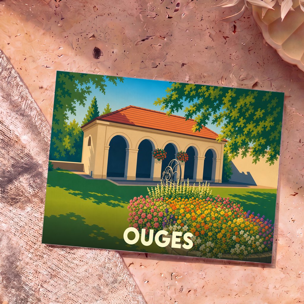 Carte postale souvenir de la ville d'Ouges illustrant un bâtiment à arcades et un jardin fleuri dans un style rétro.