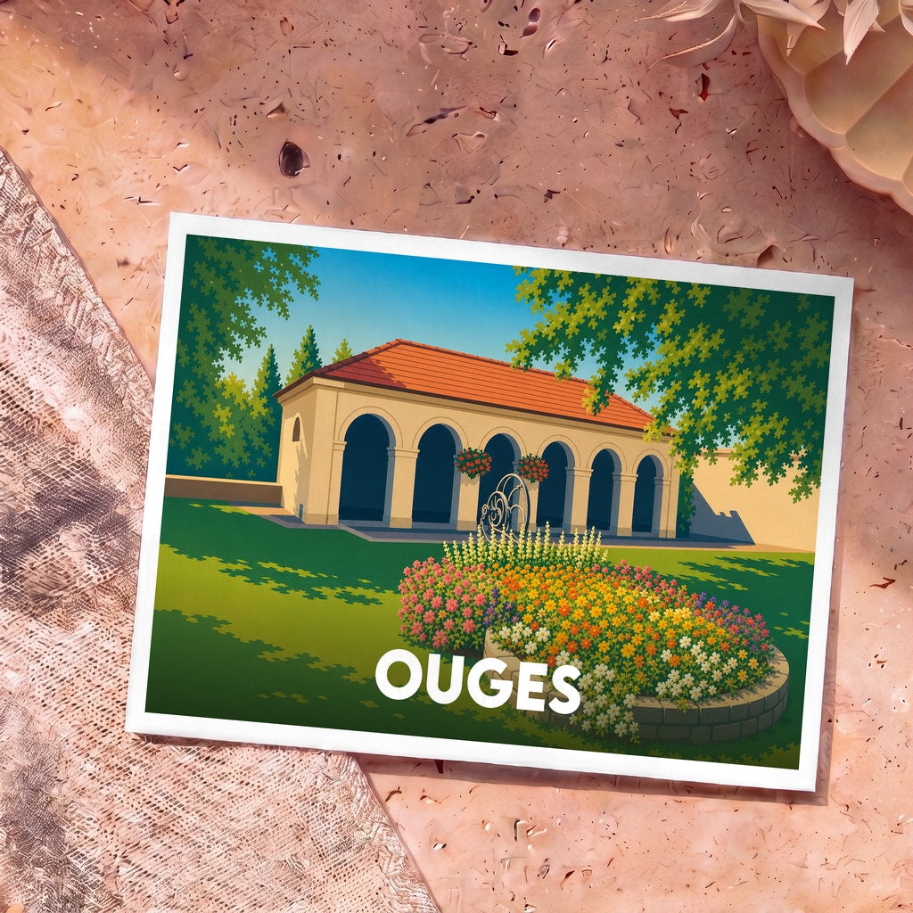 Carte postale souvenir de la ville d'Ouges illustrant un bâtiment à arcades et un jardin fleuri dans un style rétro.