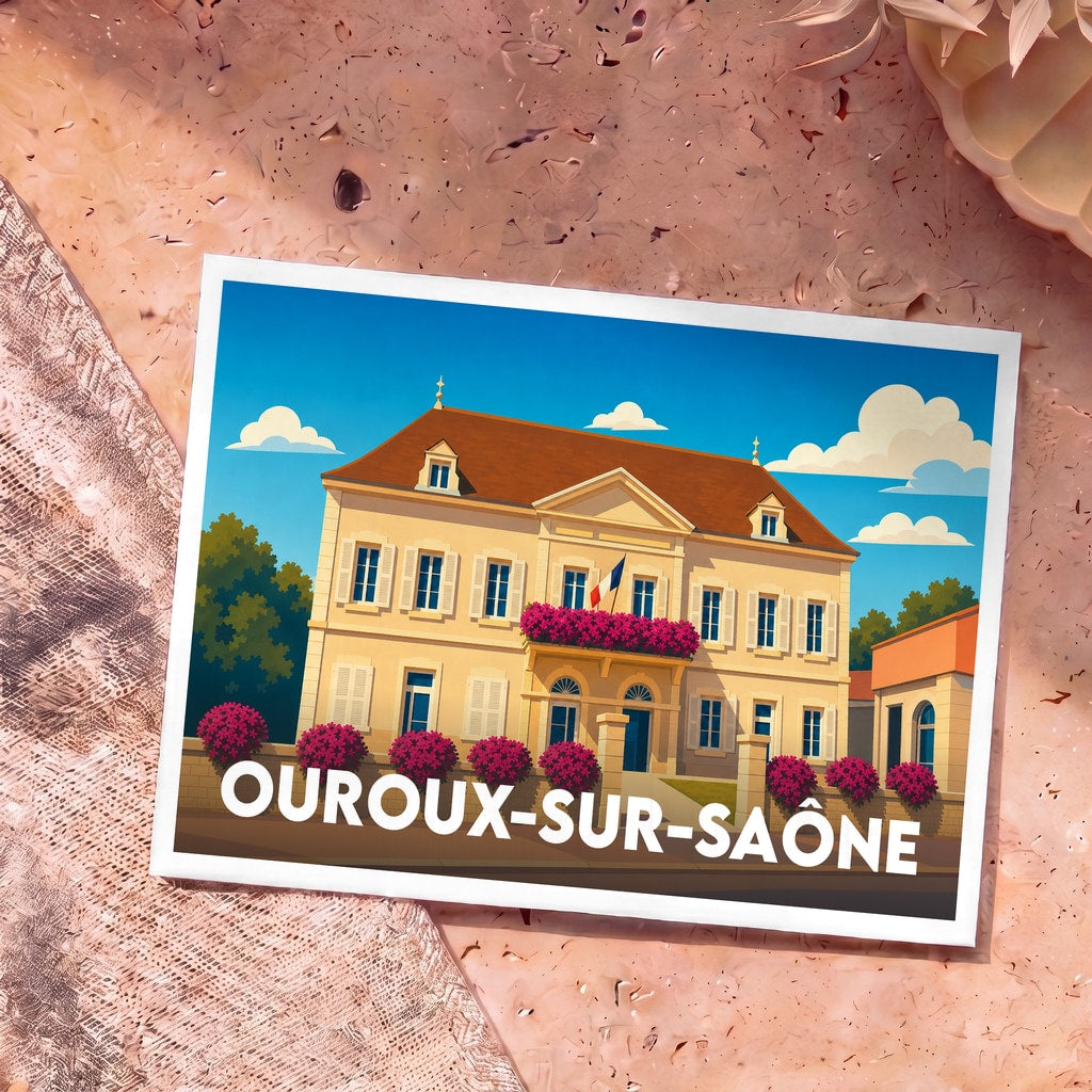 Carte postale souvenir de la ville d'Ouroux-sur-Saône avec une illustration stylisée de sa mairie.