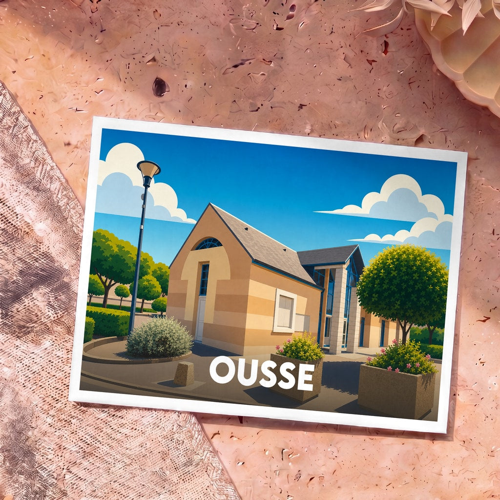 Carte postale souvenir de la ville d'Ousse avec une illustration colorée et stylisée de son architecture.
