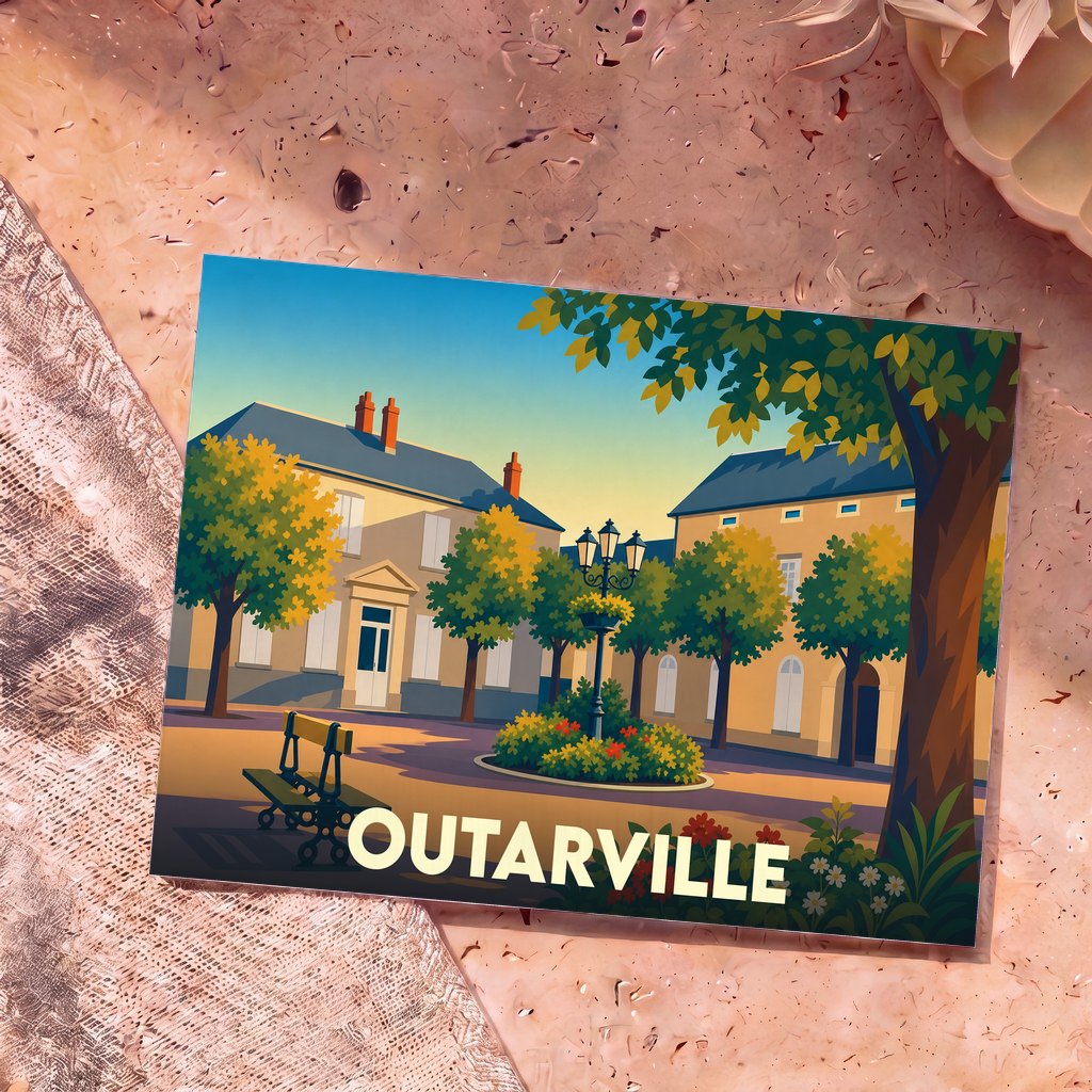 Carte postale souvenir de la ville d'Outarville avec une illustration stylisée d'une place ensoleillée.