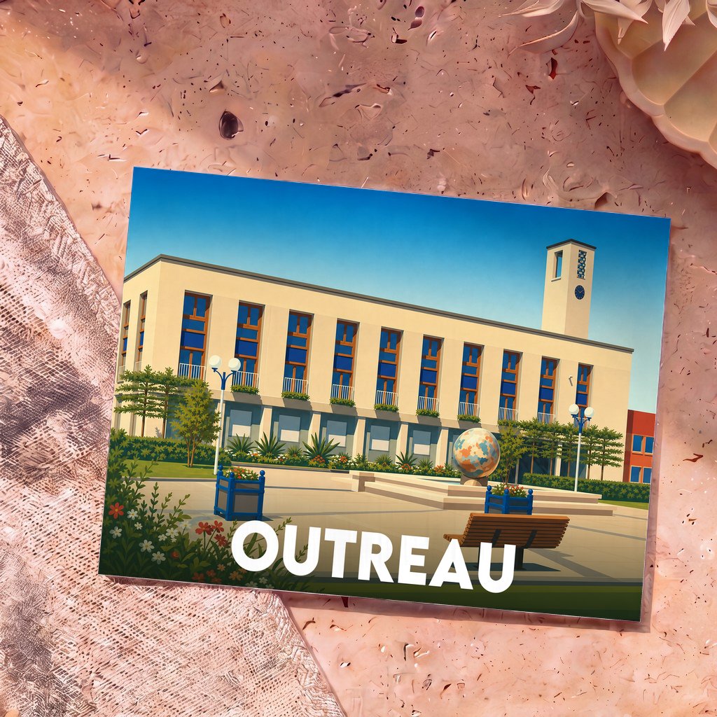 Carte postale souvenir de la ville d'Outreau avec une illustration stylisée de son hôtel de ville.