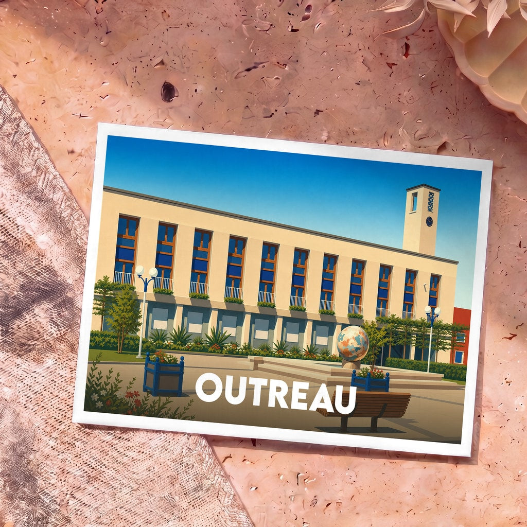 Carte postale souvenir de la ville d'Outreau avec une illustration stylisée de son hôtel de ville.