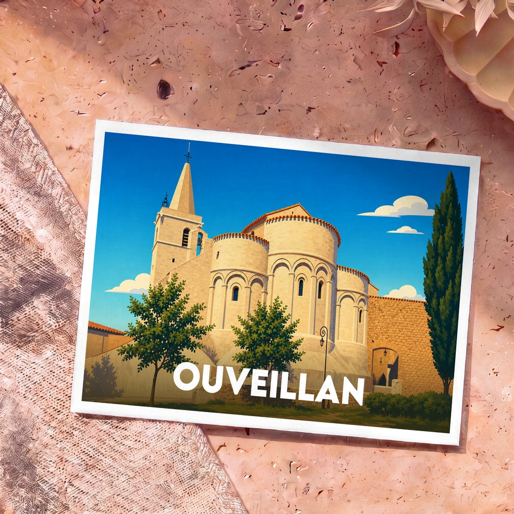 Carte postale souvenir de la ville d'Ouveillan avec une illustration stylisée de son église romane sous un ciel bleu.