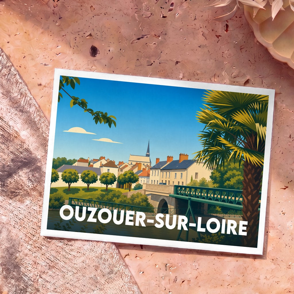 Carte postale souvenir de la ville d'Ouzouer-sur-Loire avec une illustration stylisée.