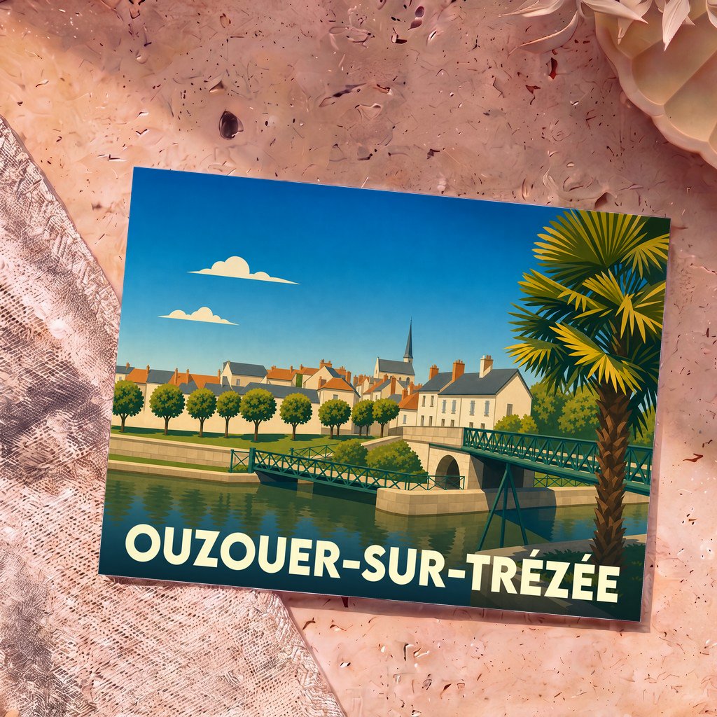 Carte postale souvenir de la ville d'Ouzouer-sur-Trézée avec une illustration stylisée d'un pont et de son église.