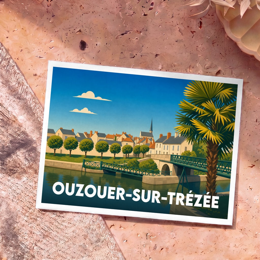 Carte postale souvenir de la ville d'Ouzouer-sur-Trézée avec une illustration stylisée d'un pont et de son église.