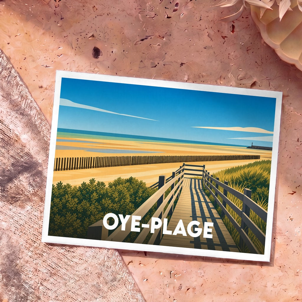 Carte postale souvenir de la ville de Oye-Plage avec une illustration stylisée d'un chemin de bois menant à la plage.