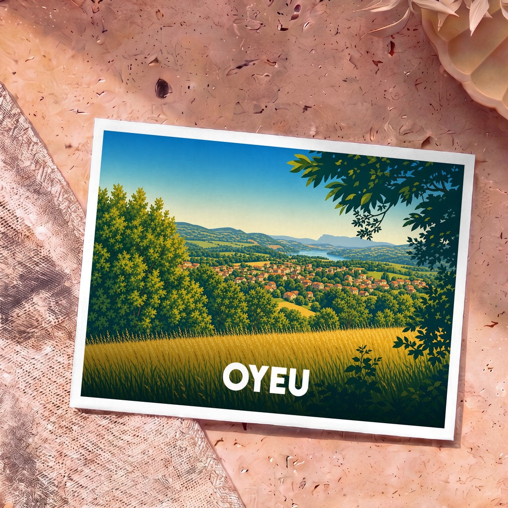 Carte postale souvenir de la commune d'Oyeu avec une illustration stylisée d'un paysage de campagne vallonné.