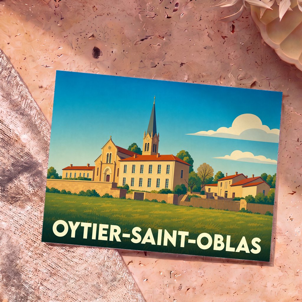 Carte postale souvenir de la ville d'Oytier-Saint-Oblas avec une illustration stylisée de son église et de ses bâtiments.