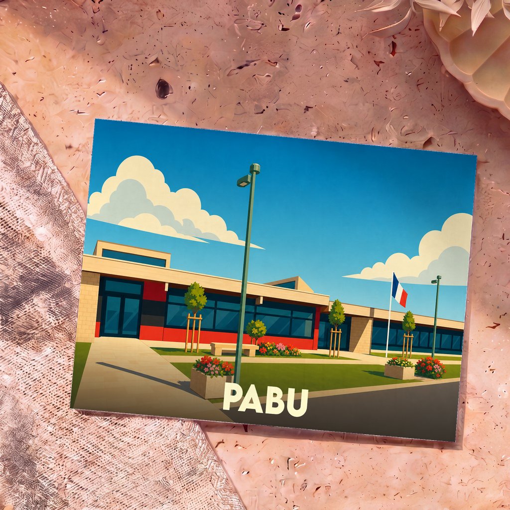 Carte postale souvenir de la ville de Pabu avec une illustration stylisée d'un bâtiment moderne sous un ciel ensoleillé.