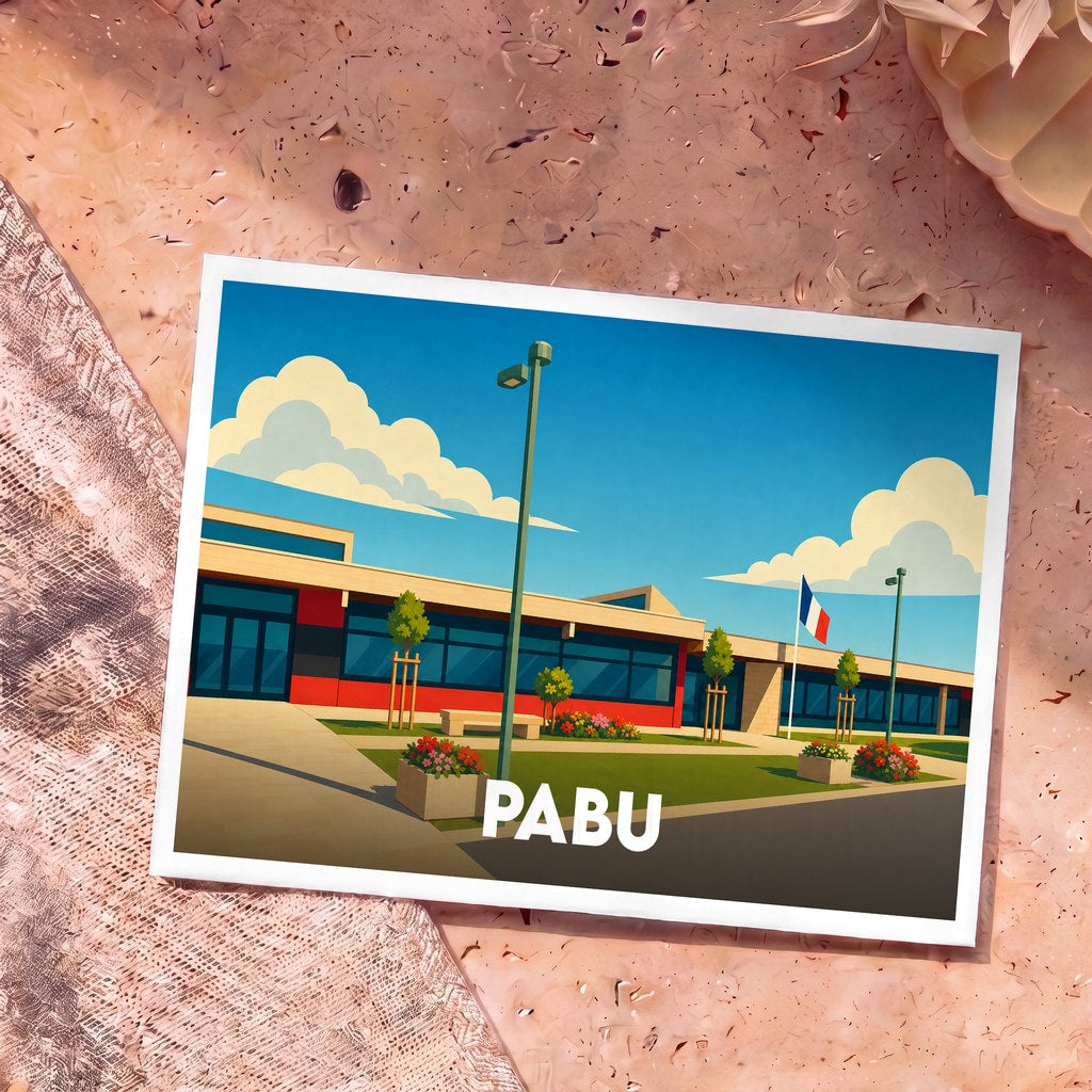 Carte postale souvenir de la ville de Pabu avec une illustration stylisée d'un bâtiment moderne sous un ciel ensoleillé.