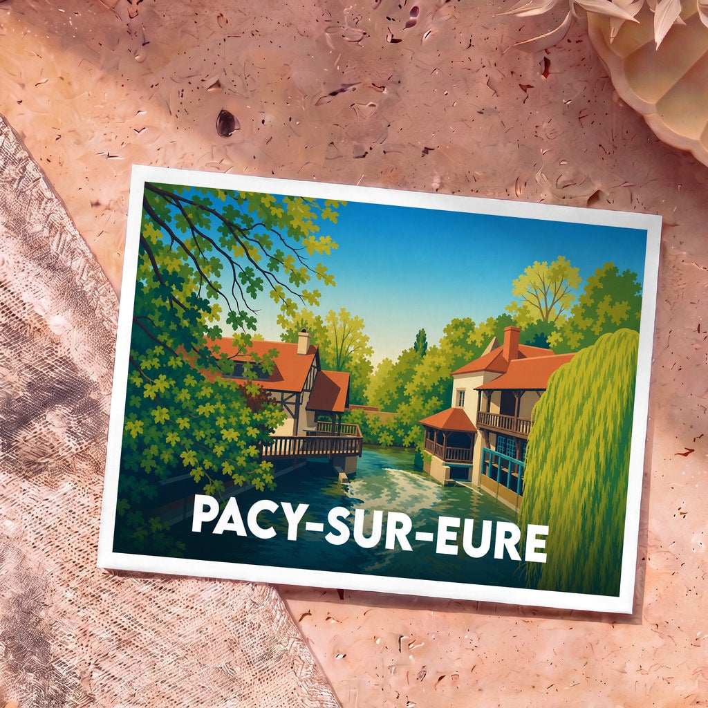 Carte postale souvenir de la ville de Pacy-sur-Eure avec une illustration stylisée de maisons au bord de l'eau.
