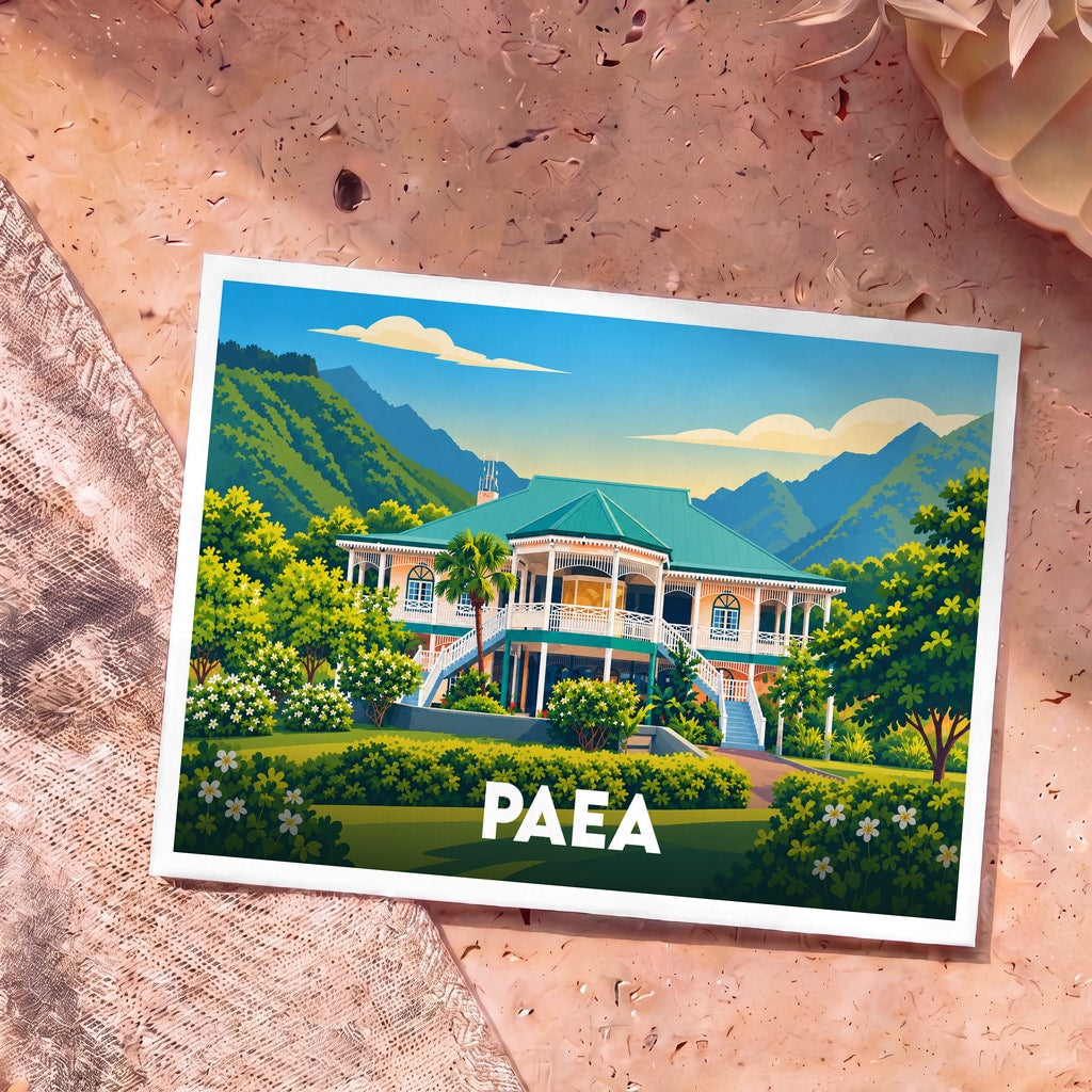 Carte postale souvenir de la ville de Paea avec une illustration stylisée d'une maison traditionnelle devant des montagnes.