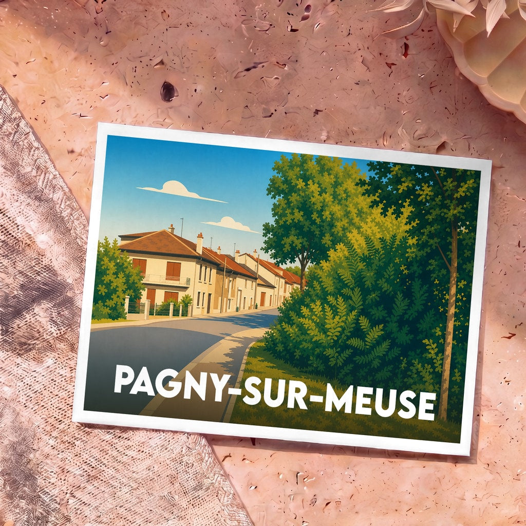 Carte postale souvenir de la ville de Pagny-sur-Meuse avec une illustration stylisée.
