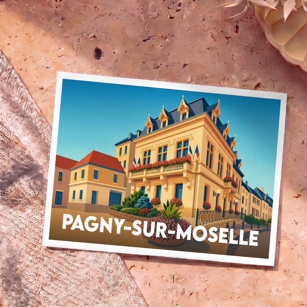 Carte postale souvenir de la ville de Pagny-sur-Moselle avec une illustration stylisée de son hôtel de ville fleuri.