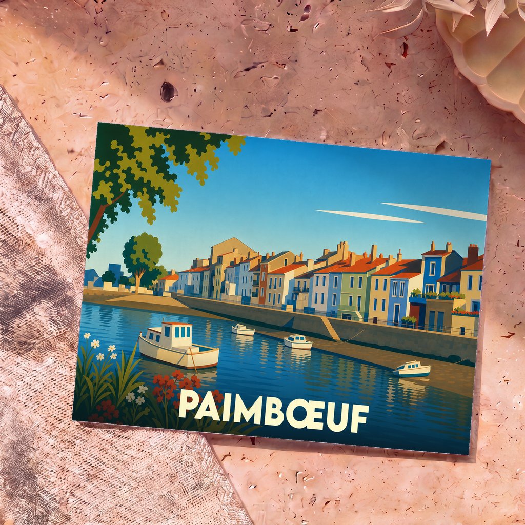 Carte postale souvenir de la ville de Paimbœuf avec une illustration stylisée de son front de mer et ses bateaux.