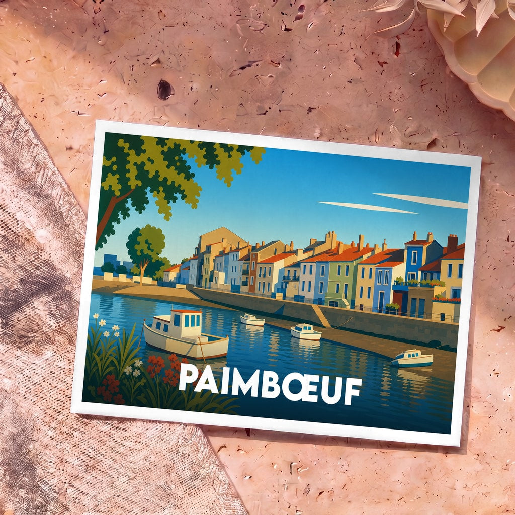 Carte postale souvenir de la ville de Paimbœuf avec une illustration stylisée de son front de mer et ses bateaux.