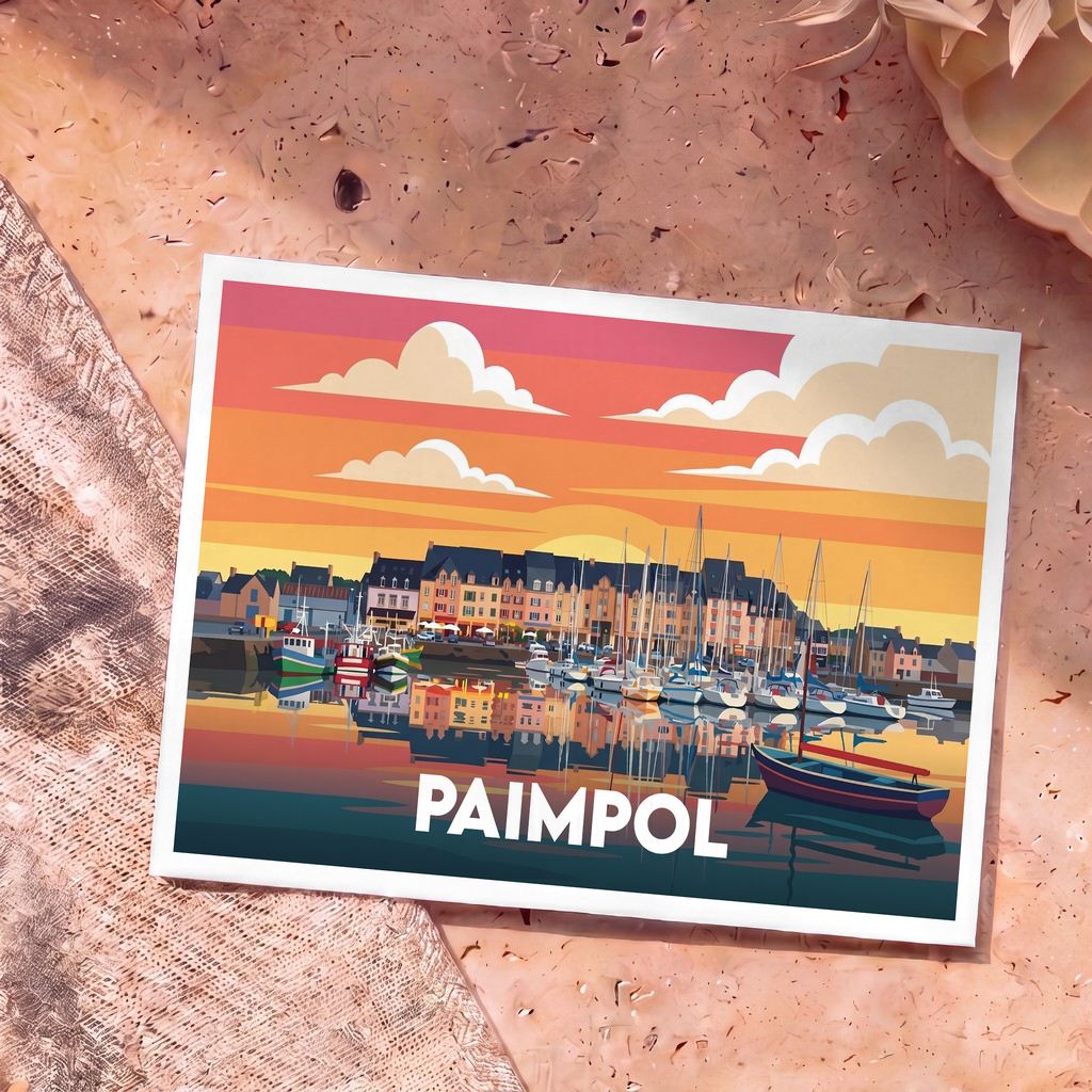 Carte postale souvenir de la ville de Paimpol avec une illustration stylisée de son port au coucher du soleil.