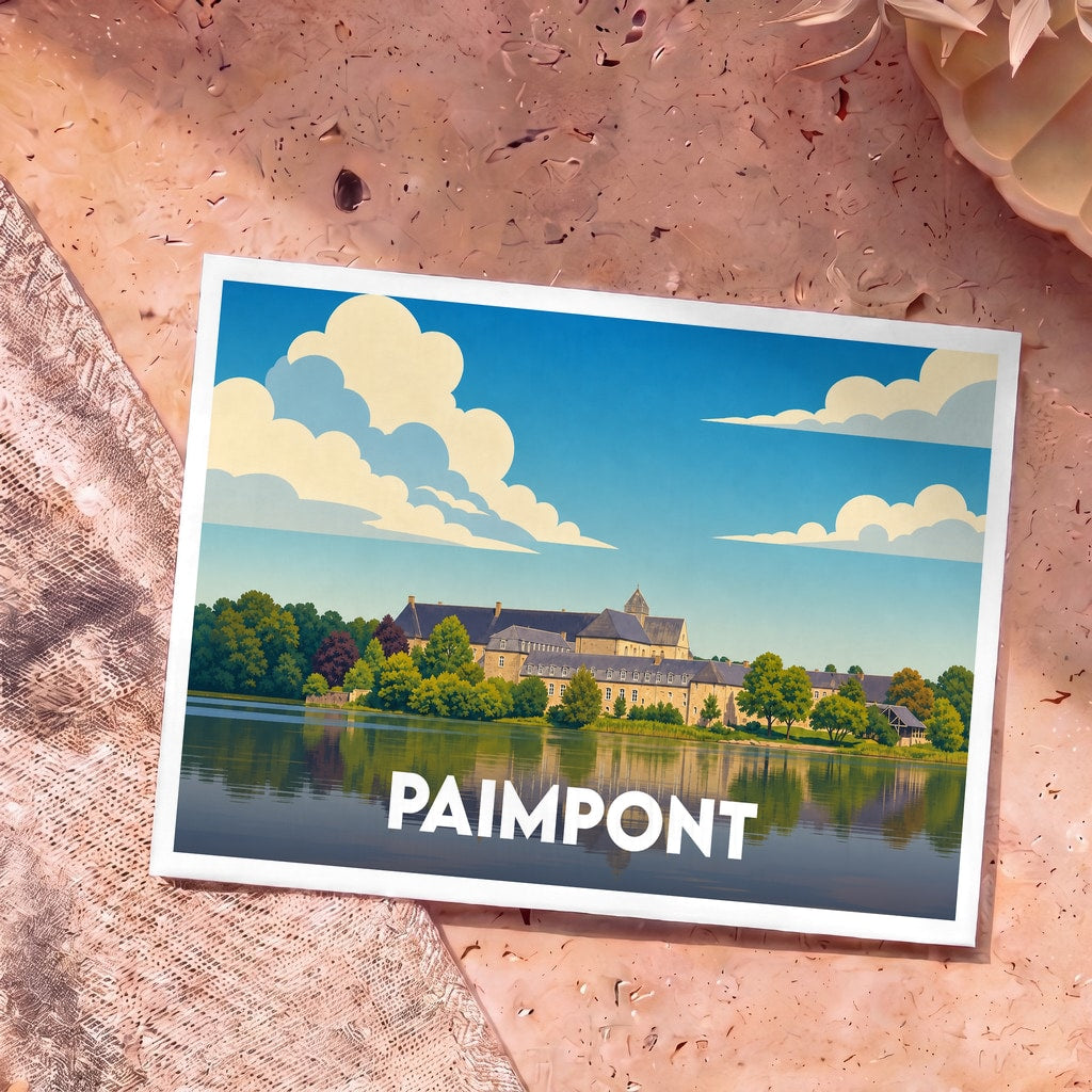 Carte postale souvenir de la ville de Paimpont illustrant son abbaye au bord de l'eau dans un style graphique épuré.