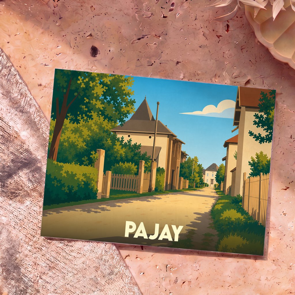Carte postale souvenir de la ville de Pajay avec une illustration stylisée d'une rue paisible et ensoleillée.
