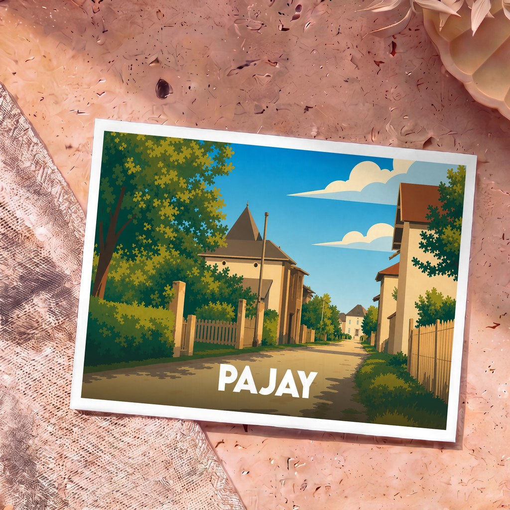 Carte postale souvenir de la ville de Pajay avec une illustration stylisée d'une rue paisible et ensoleillée.