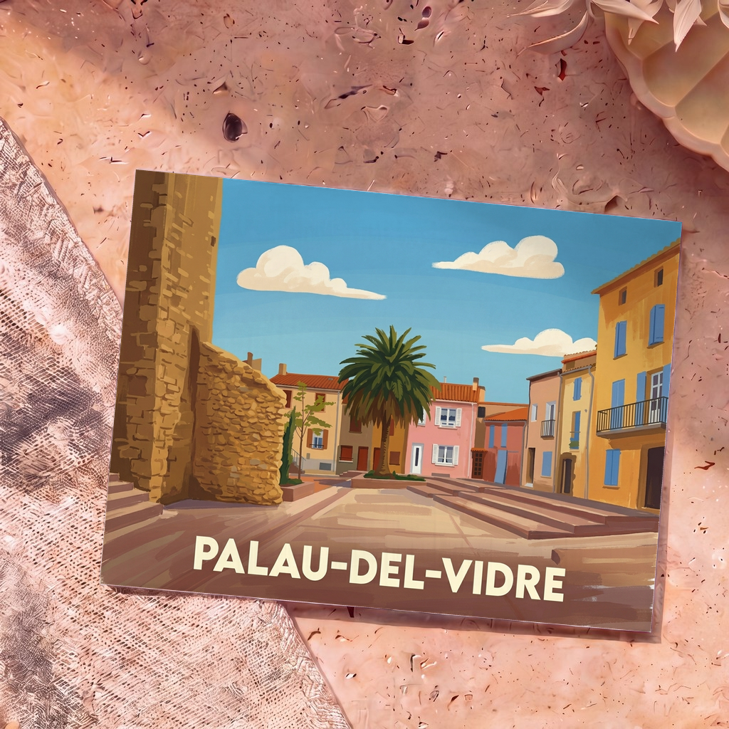 Carte postale souvenir de la ville de Palau-del-Vidre avec une illustration stylisée de sa place ensoleillée.