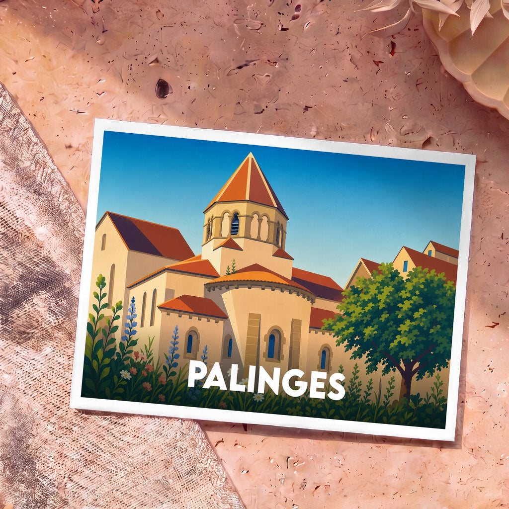 Carte postale souvenir de la ville de Palinges avec une illustration stylisée d'une église romane.