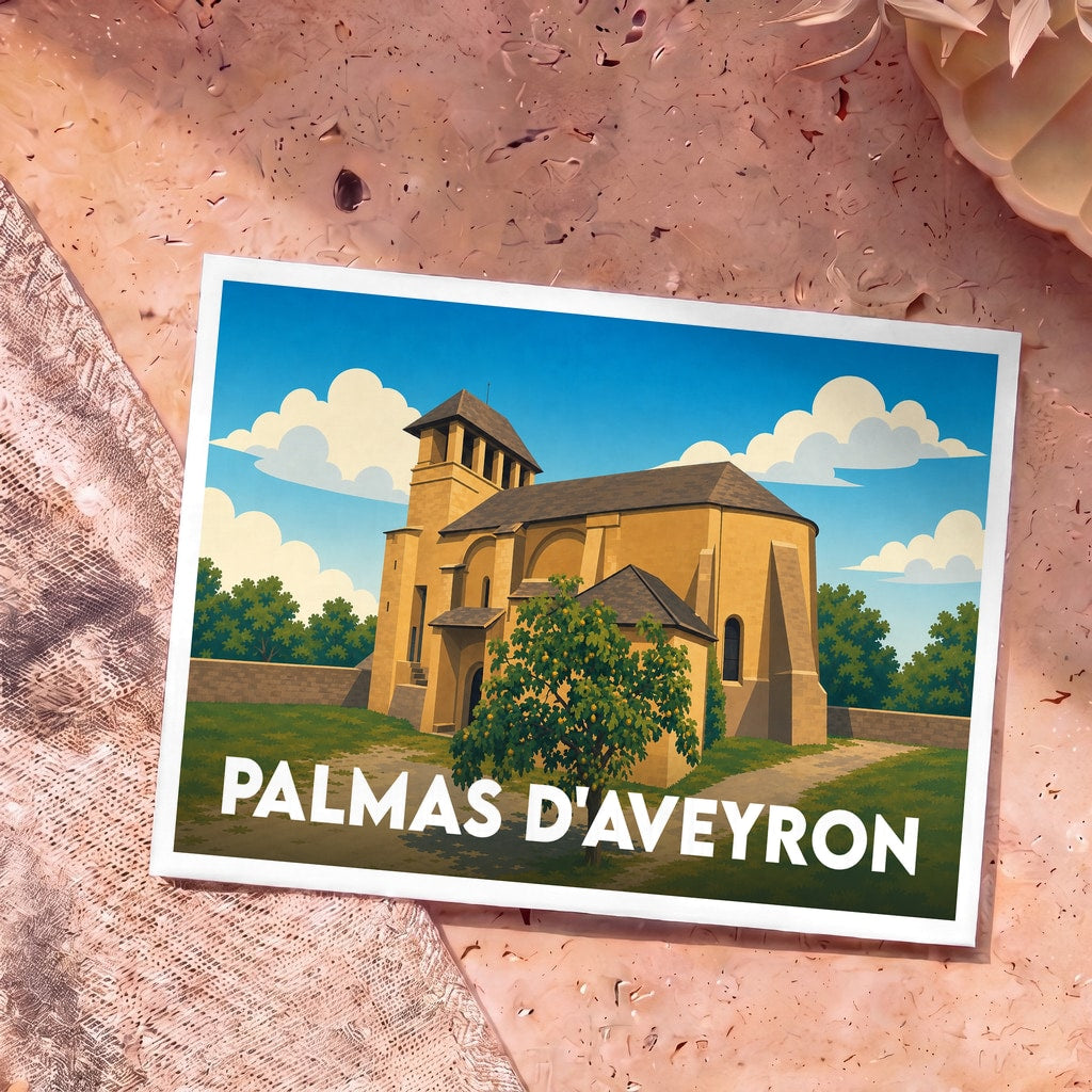 Carte postale souvenir de la commune de Palmas d'Aveyron avec une illustration stylisée de son église.
