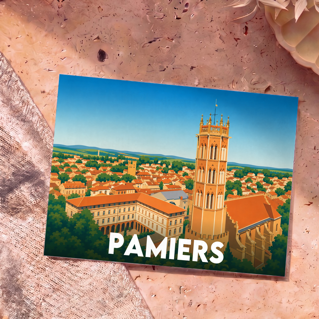 Carte postale souvenir de la ville de Pamiers avec une illustration stylisée de sa cathédrale et de ses toits.