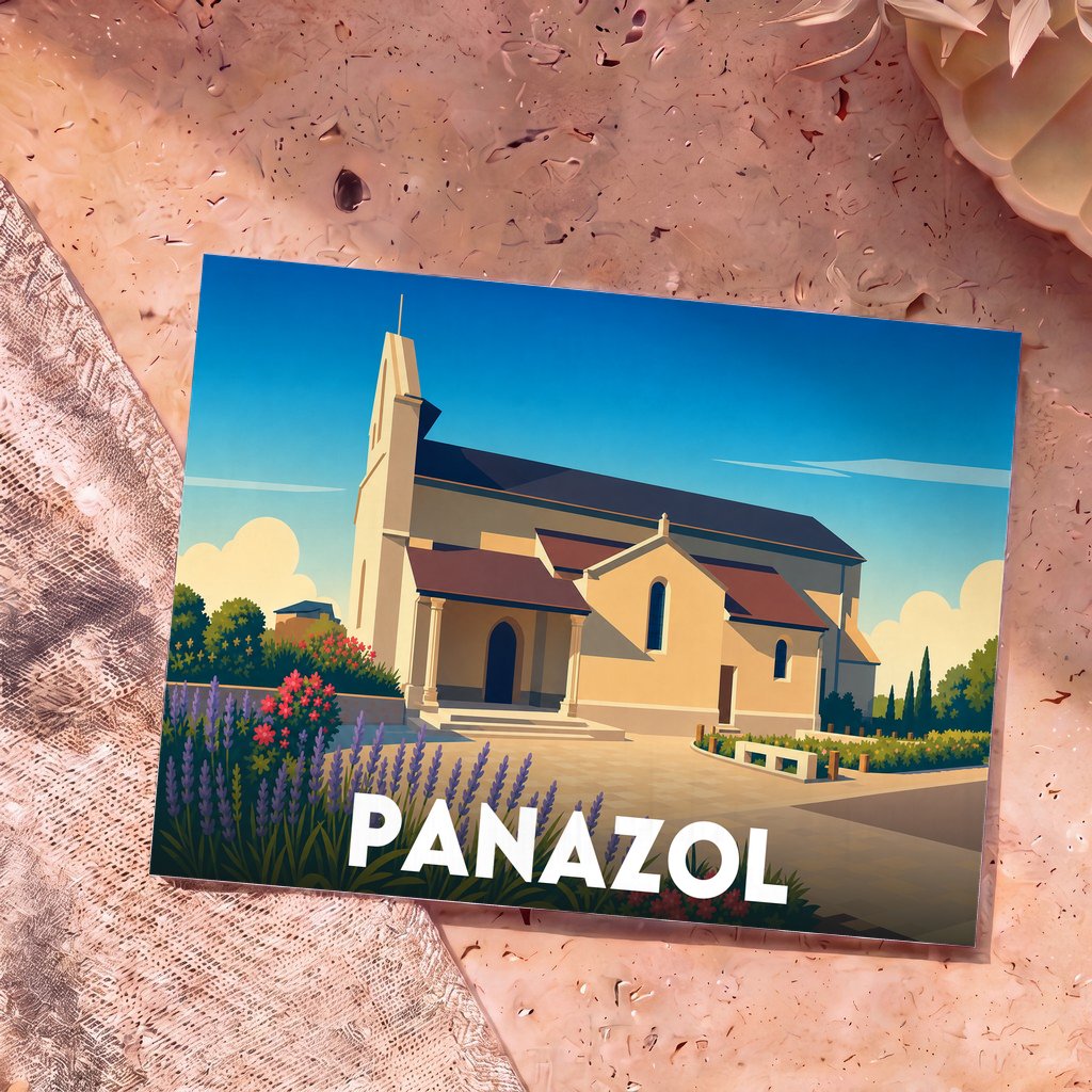 Carte postale souvenir de la ville de Panazol avec une illustration stylisée de son église.