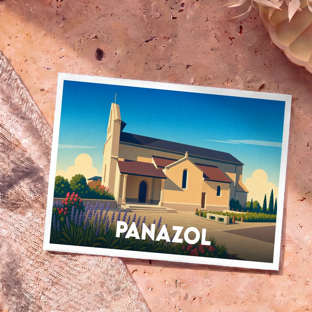 Carte postale souvenir de la ville de Panazol avec une illustration stylisée de son église.