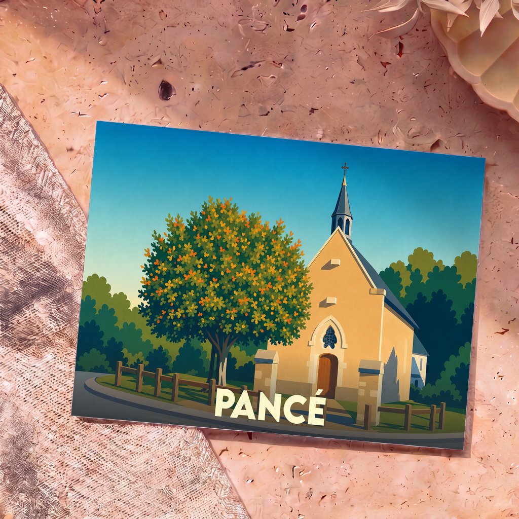 Carte postale souvenir de la ville de Pancé arborant une illustration stylisée d'une église et d'un arbre fleuri.