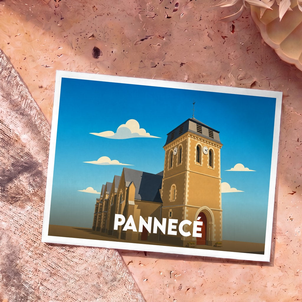 Carte postale souvenir de la ville de Pannecé avec une illustration stylisée de son église sous un ciel bleu.