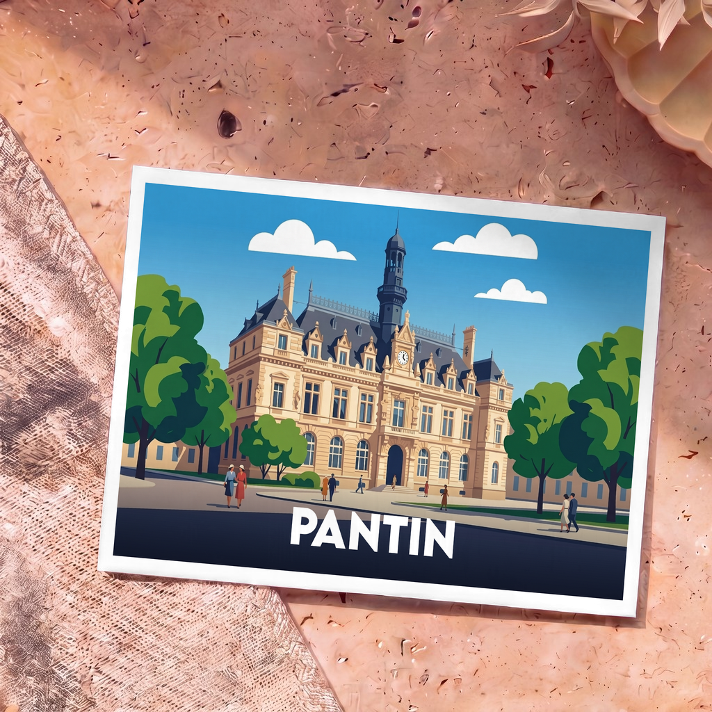 Carte postale souvenir de la ville de Pantin avec une illustration stylisée de son hôtel de ville.