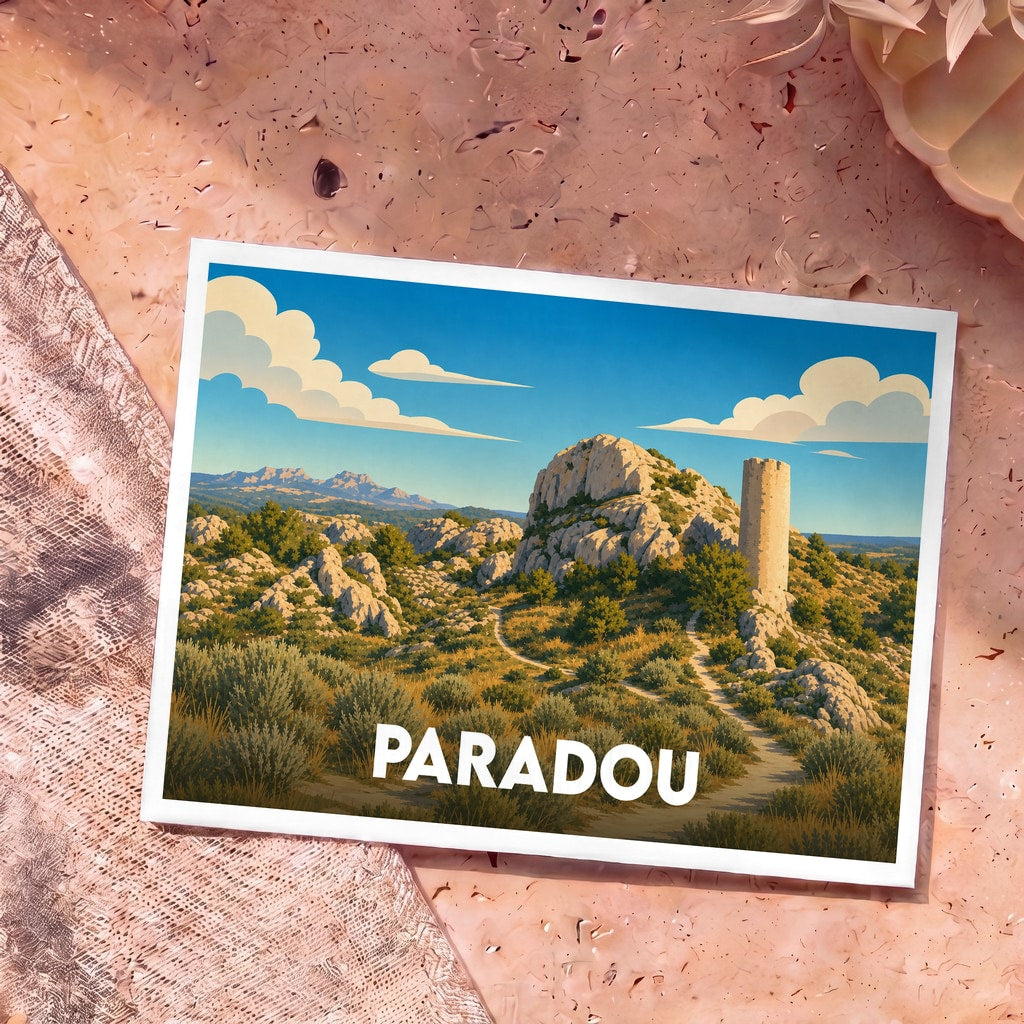 Carte postale souvenir de la ville de Paradou avec une illustration stylisée d'un paysage rocheux et d'une tour ancienne.