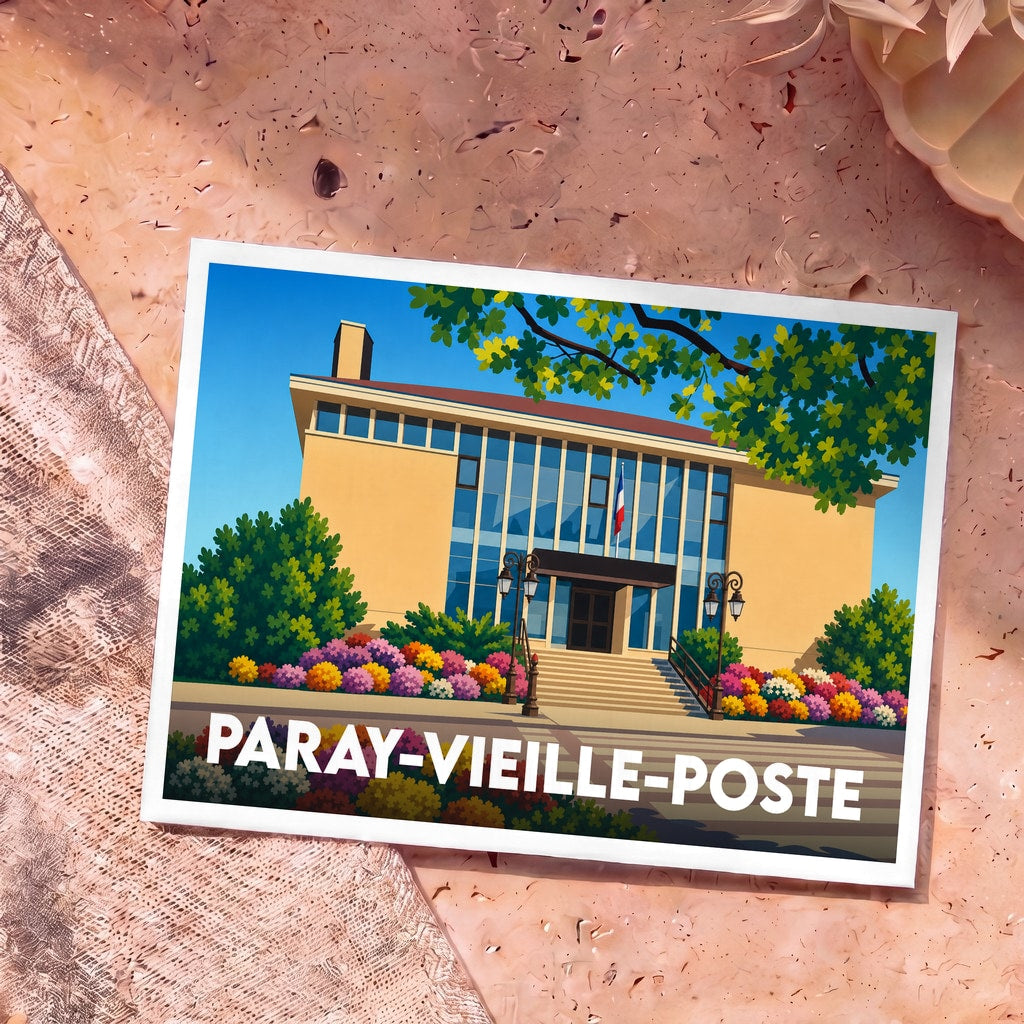 Carte postale souvenir de la ville de Paray-Vieille-Poste avec une illustration stylisée de l'hôtel de ville.