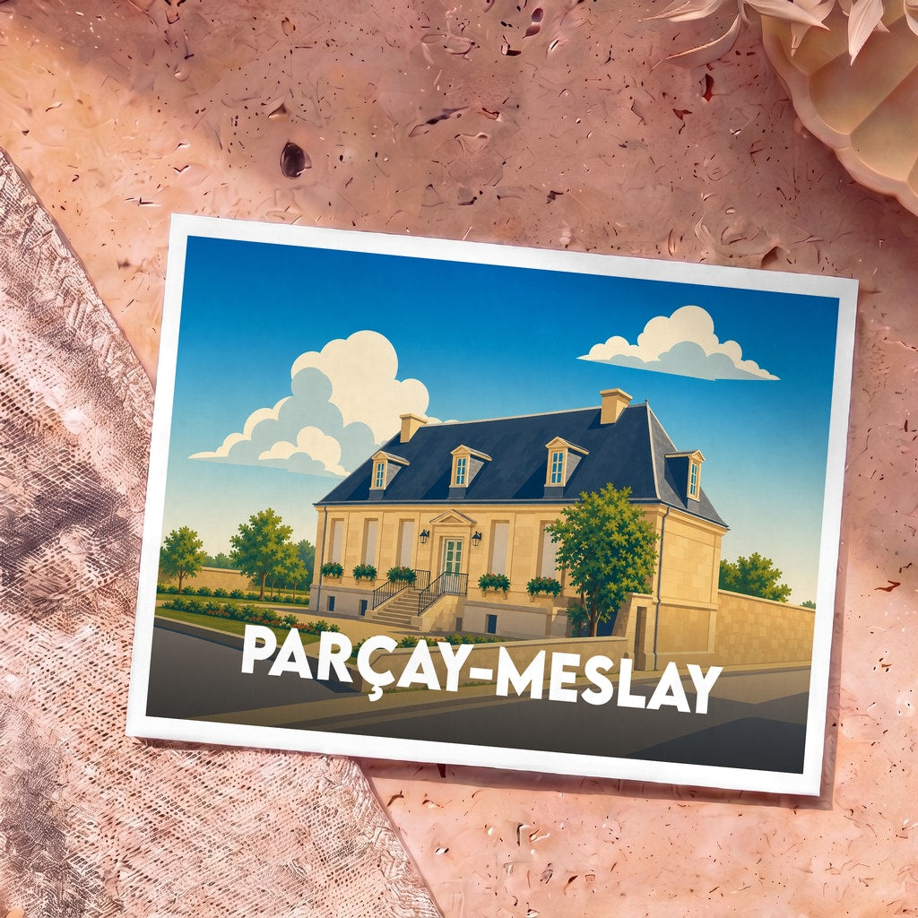 Carte postale souvenir de la ville de Parçay-Meslay avec une illustration stylisée d'une demeure traditionnelle.