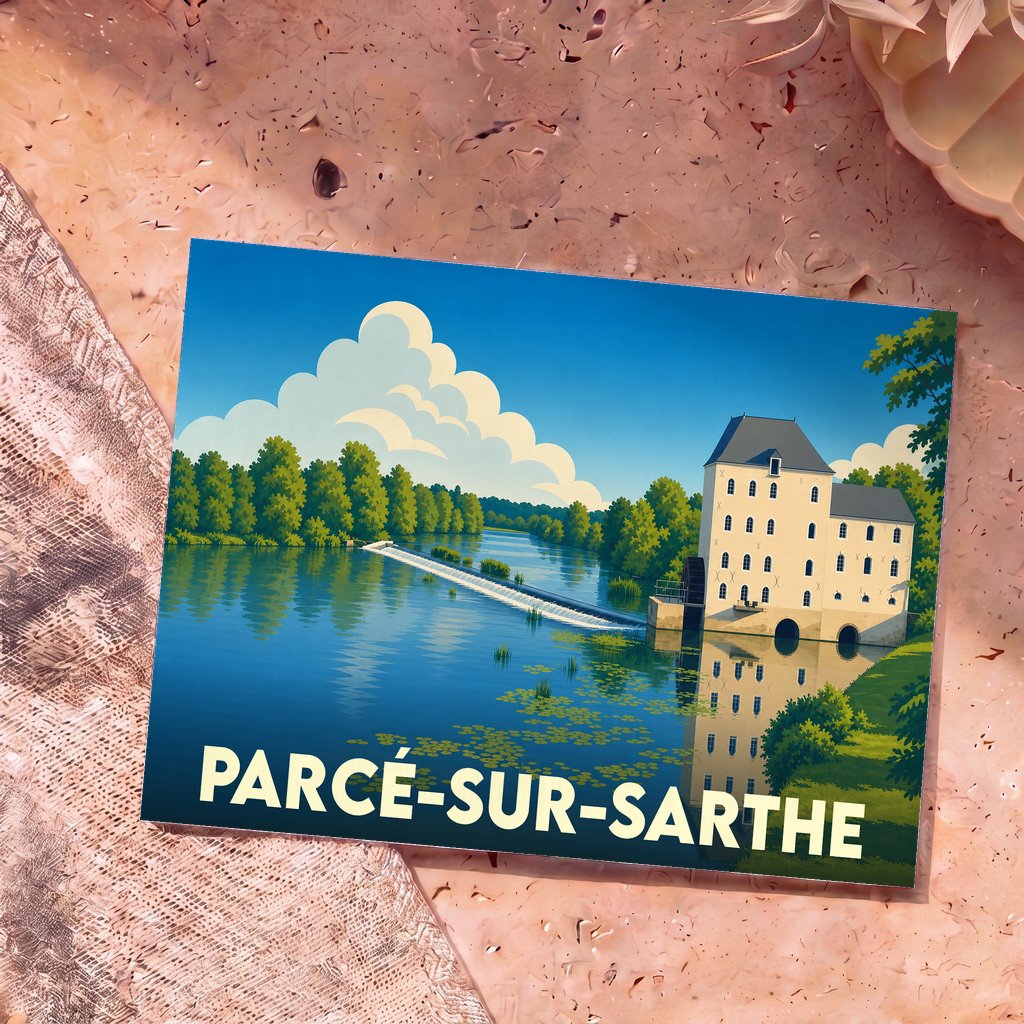 Carte postale souvenir de Parcé-sur-Sarthe illustrant un moulin au bord de l'eau dans un style graphique épuré.