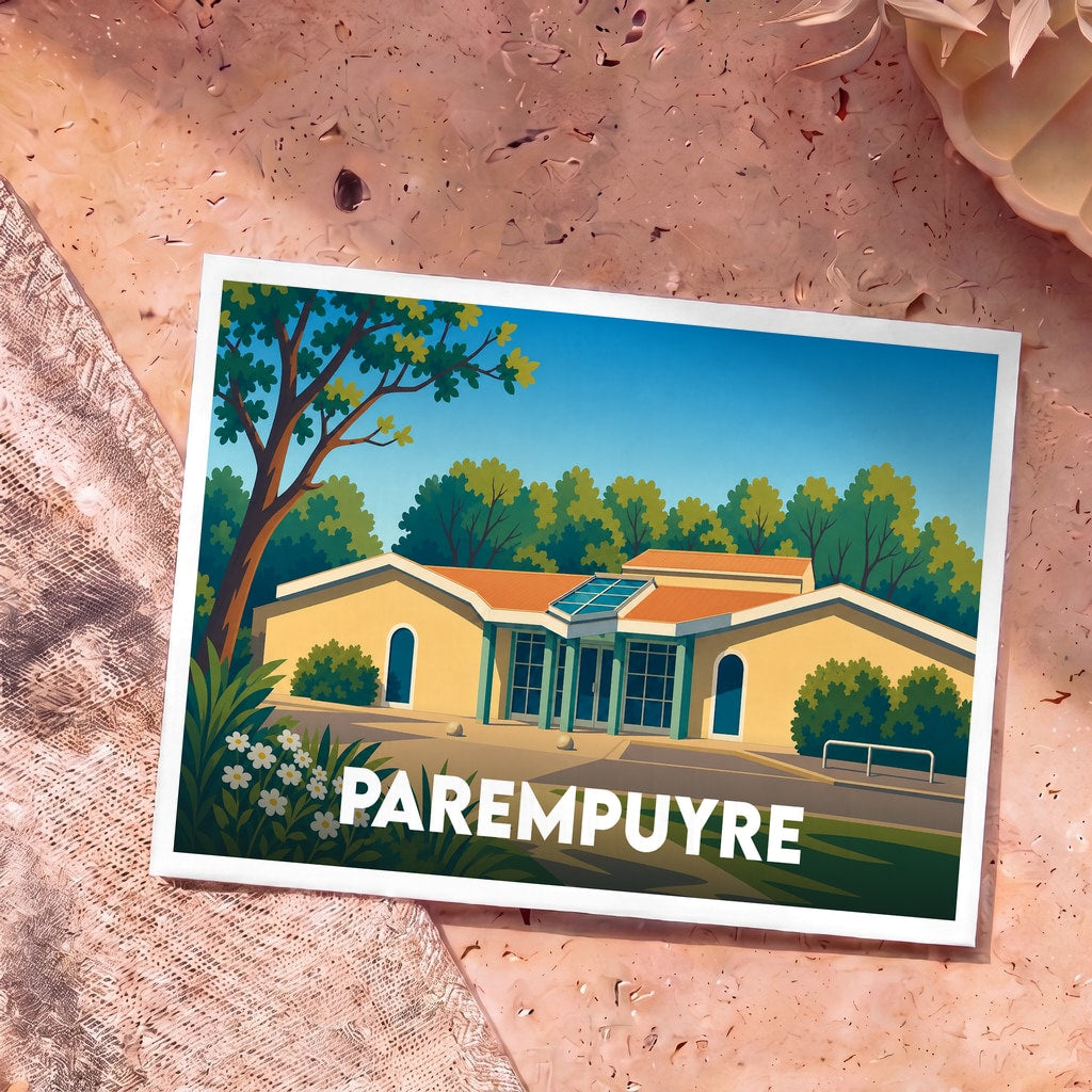 Carte postale souvenir de la ville de Parempuyre avec une illustration stylisée de sa bibliothèque municipale.