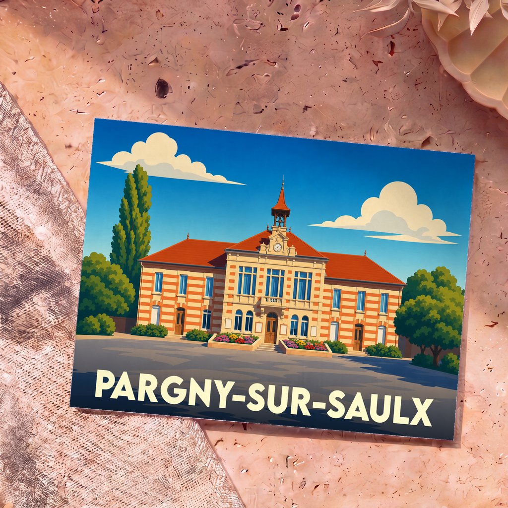 Carte postale souvenir de la ville de Pargny-sur-Saulx illustrant son hôtel de ville dans un style rétro.
