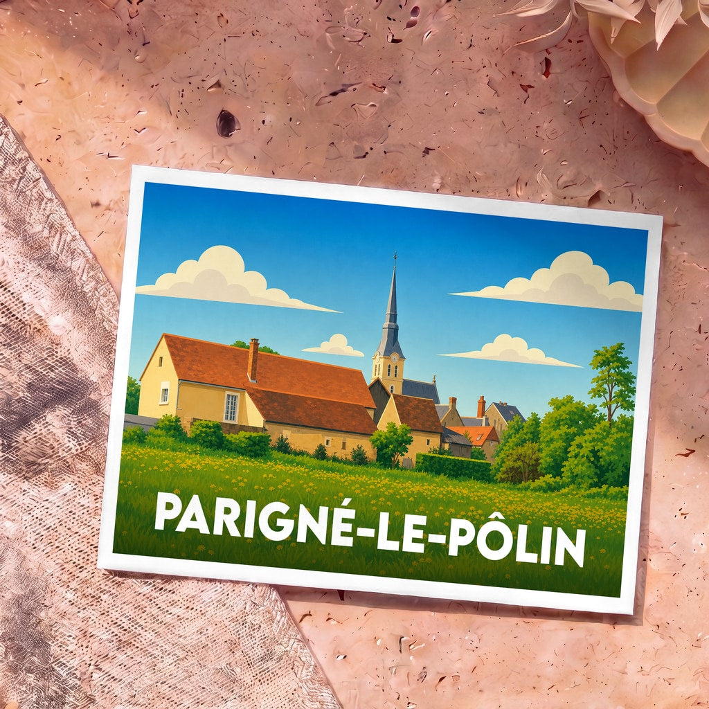 Carte postale souvenir de la ville de Parigné-le-Pôlin avec une illustration stylisée de ses bâtiments et de son église.