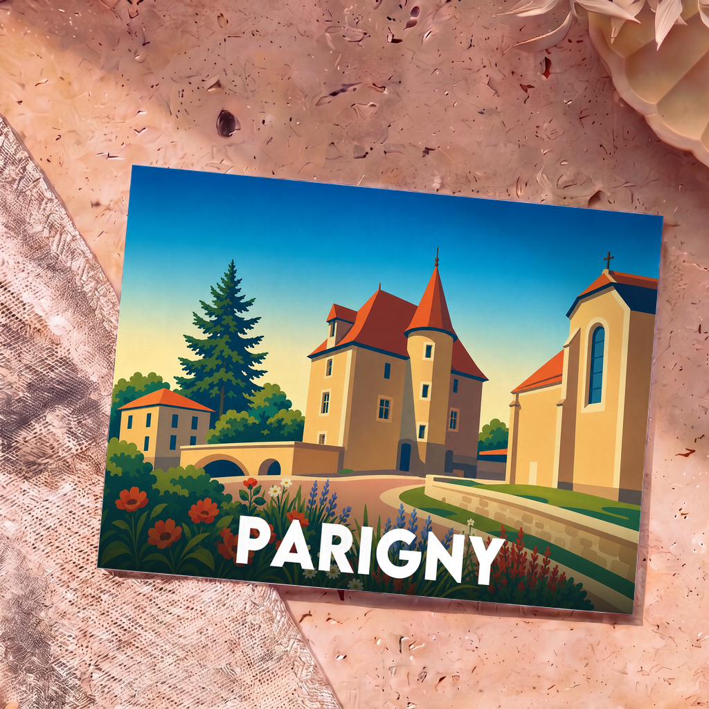 Carte postale souvenir de la ville de Parigny avec une illustration stylisée d'un château et d'une église.