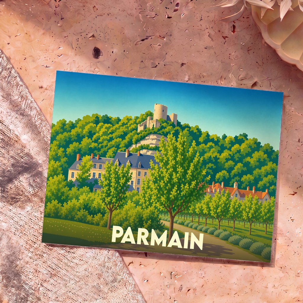 Carte postale souvenir de la ville de Parmain avec une illustration stylisée de son paysage et de ses monuments.